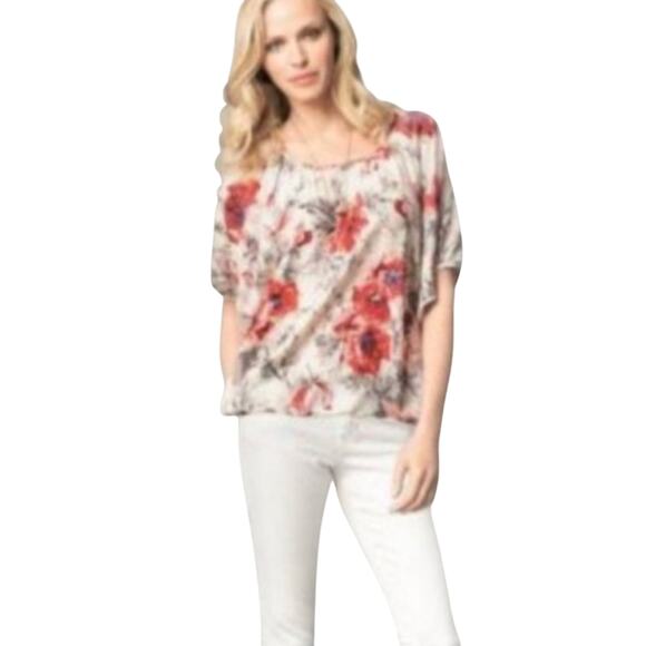 CAbi # 399 100% Silk Gypsy White Dolman Red Floral Blouse Small - Picture 2 of 7